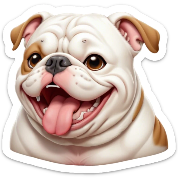 Cinematic Cute Yawning White English Bulldog Portrait Emoji, Head tilted slightly with a dramatic, wide-open yawn, showcasing a smooth, pristine white coat, floppy ears slightly drooping, round brown eyes barely open in drowsy contentment, Simplified yet irresistibly adorable features, highly detailed, glowing with a soft, cozy glow, high shine, relaxed yet expressive, stylized with a touch of whimsy, bright and endearing, soft glowing outline, capturing the essence of a sleepy yet affectionate guardian, so drowsy it feels like it could stretch out of the screen and curl up for a nap! sticker
