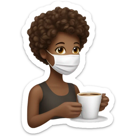 short curly brown hair girl with face mask on sipping coffee sticker