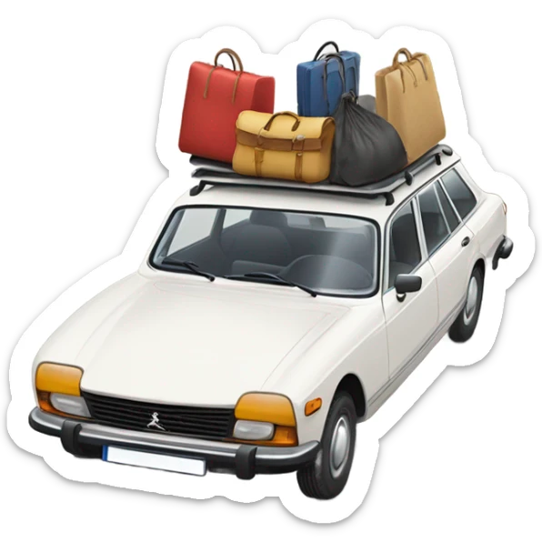 a white peugeot 504 break car with luggage on the roof sticker