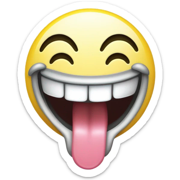 A yellow smiley face emoji grinning with tongue out, making the "horns" gesture with both hands. Eyes closed or squinting with laughter. Transparent background. sticker