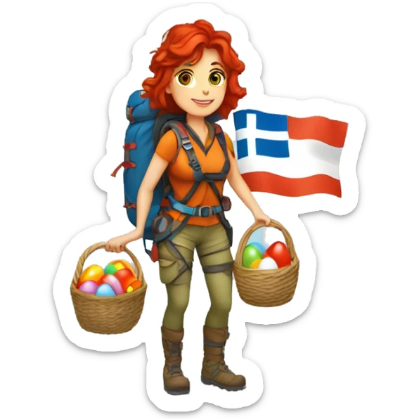 Female winter mountain climber red loose hair climbing with Greek flag on backpack and holding Easter eggs basket sticker