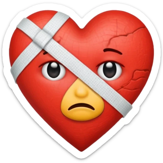 heart with a bandage and frown, pain point concept, emoji style sticker