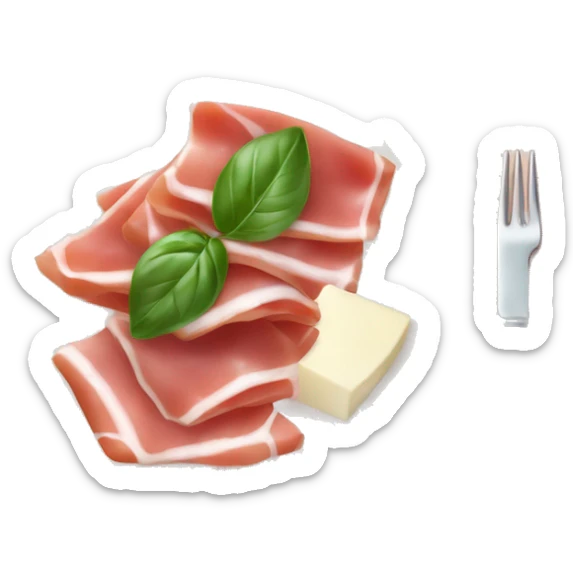 A plate of prosciutto hams with two mozzarella and a piece of basil leaf sticker