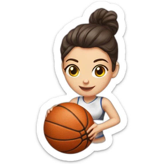 White skin brunette female playing football with very small basket ball sticker