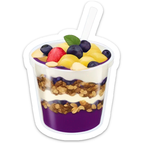 Açaí in a clear cup with layers of fruits and granola and condensed milk sticker