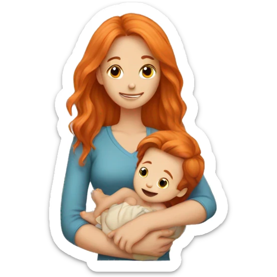 Girl with long orange hair holding baby boy with brown hair sticker