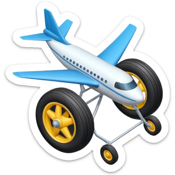The aircraft's landing gear is one inflated, plump wheel with a strut, black in color, cartoon-style, isometric sticker