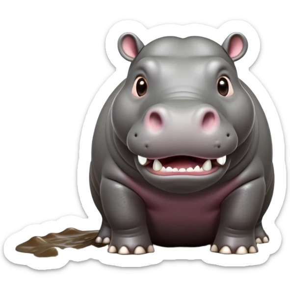 cinematic-hippo-realistic-full-body side view-standing on all fours-emoji,-massive-round-frame-partially-submerged-in-muddy-water,-wide-mouthed-grin-exposing-huge-teeth,-head-tilted-dramatically,-thick-greyish-brown-hide-glossy-from-water,-simplified-yet-realistic-focused-features,-highly-detailed,-glowing-with-an-almost-sarcastic-glow sticker