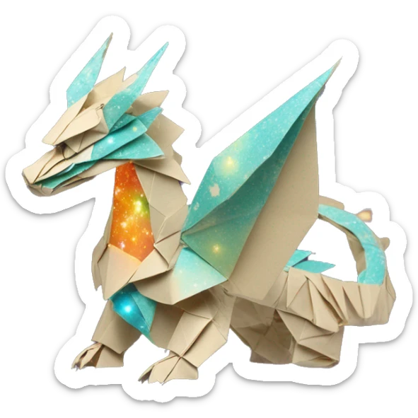 Sparkling patterned Beige Origami dragon with a dried flower crown made of newspapers intricate patterns surrounded by fairy lights nebula galaxy stars swirls iridescent orange cyan yellow sticker