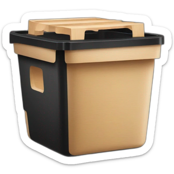 Black cubic plastic container with wood shavings inside, and a white tube with three branches at the top  sticker