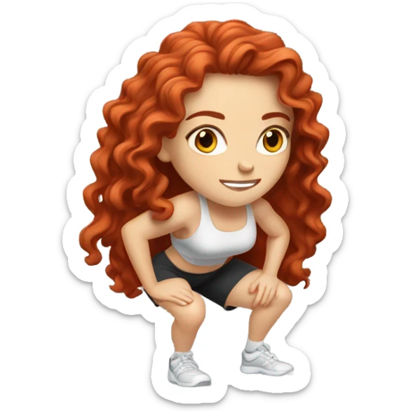 Sporty white Girl coach with long curly red hair doing squat with heavy weights sticker