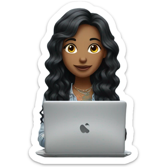 beautiful girl, with tattoos, with long black hair, wavy hair, argentin, with laptop sticker