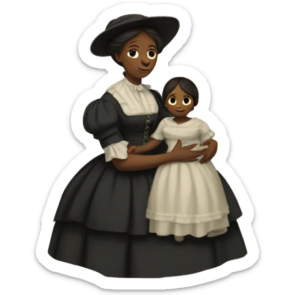 A 19th century woman with a child in her arms. There is a big letter "A" on the dress sticker