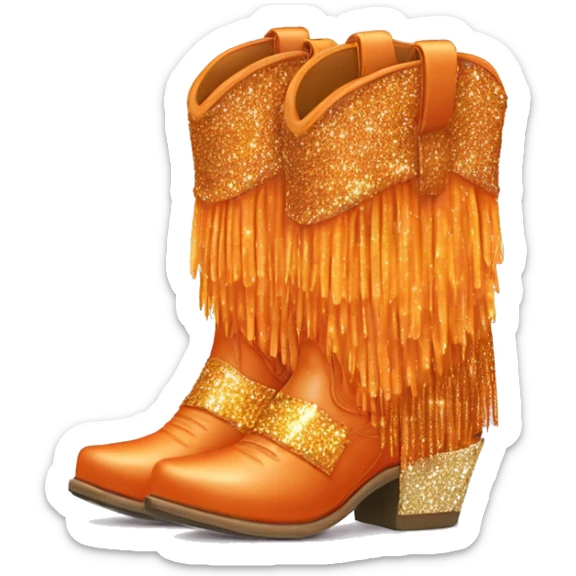 Realistic orange pair of fashion cowgirl boots with sparkly shiny glitter fringe on them. sticker