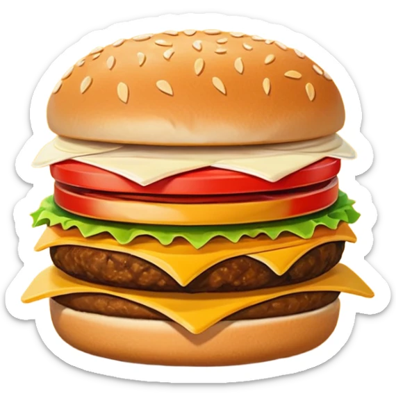 A clean and simple icon of fast food in emoji-style illustration. A burger with fries, nuggets and shawarma, bright and bold colors, simple shapes, flat design, high contrast, inviting and appetizing. sticker