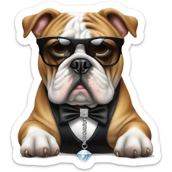 Bulldog wearing a tuxedo, designer sunglasses, and a diamond chain of a bulldog sticker