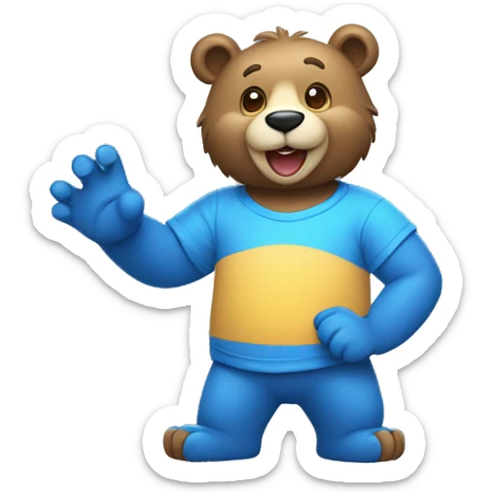 A blue colored  bear who’s very happy and giving a high five and wearing a shirt that says gaming an sticker