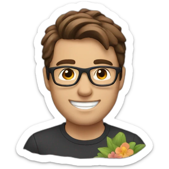brown hair up guy with glasses and dark t-shirt with flowers print sticker