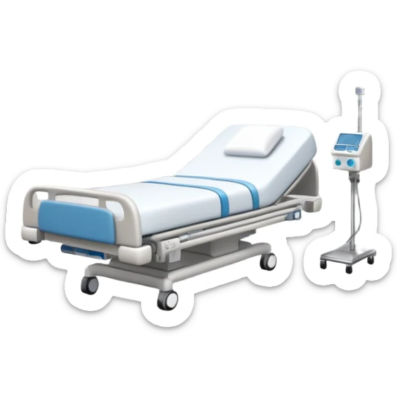 Hospital sleep laboratory with hospital bed, sleep monitoring equipment, medical staff, EEG monitors, and hospital room features sticker