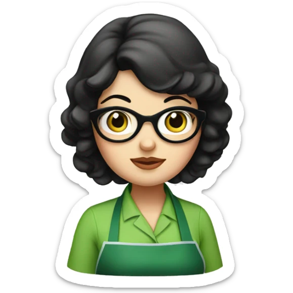 chubby lady with black hair and big eyes green apron  with glasses cooking  sticker