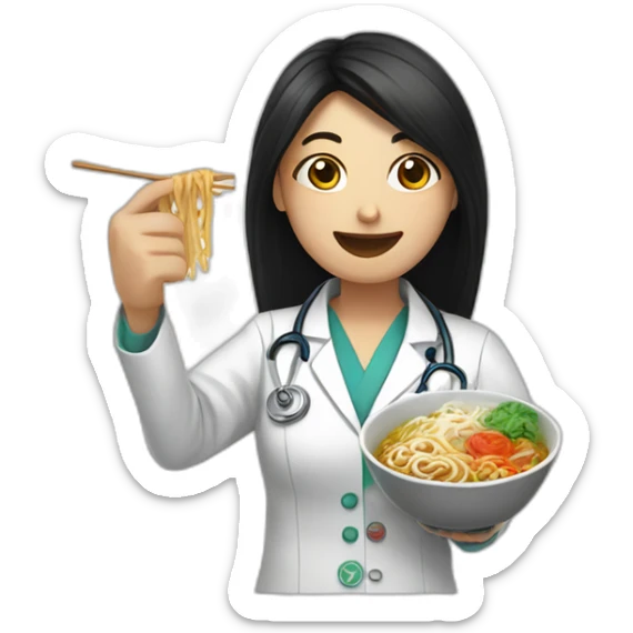 female doctor with long dark hair eating ramen bowl with thumbs up sticker