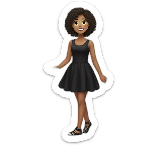 18 year old girl smiles in a short black dress with a white background and some flowers  holding one leg up sticker