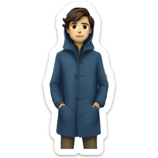 a full body brunette boy with his hands in the pockets of a long blue coat and a house behind him far away sticker