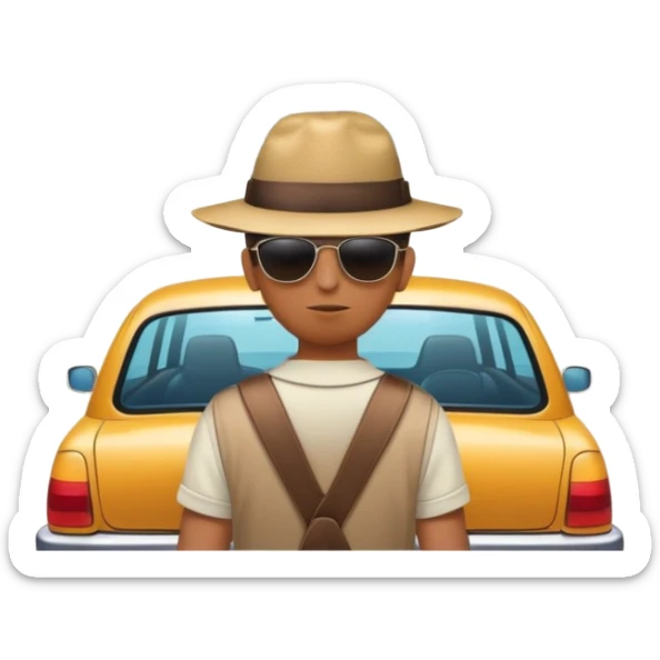 a person outside of a parked car facing his back. looking at the open long road with mountains at the fondo  sticker