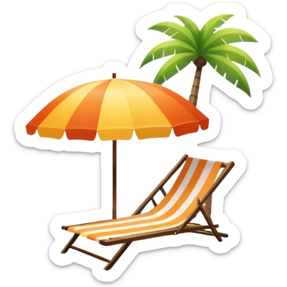 Vibrant Icon for Beach Tourism: a sunny beach with the sea, a lounge chair, a sun umbrella, and flip-flops. The icon should capture the essence of a relaxing beach vacation with a carefree atmosphere. Transparent background. sticker