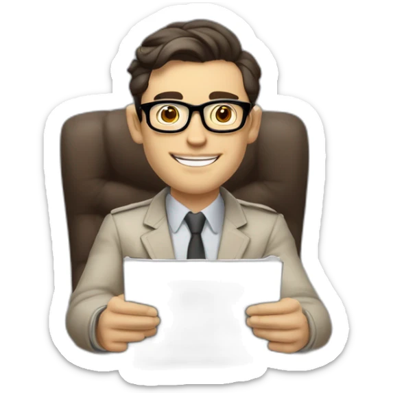 Pale skinned Fit Man With dark brown hair in gray jacket, beige office shirt and vintage glasses sitting In a soft chair with a notebook with emblem Ψ and a pen in his hands sticker