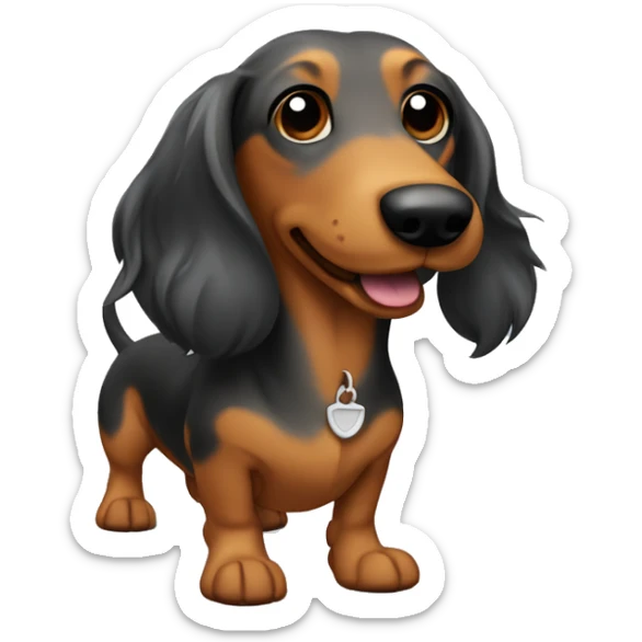 Wiener dog with long hair, brown, black and grey with Carmel color paws  sticker