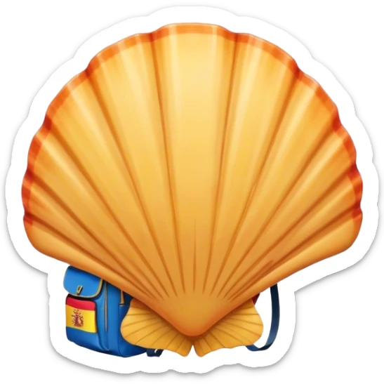 Create an emoji of a scallop shell wearing a backpack with a Spanish country flag attached. sticker