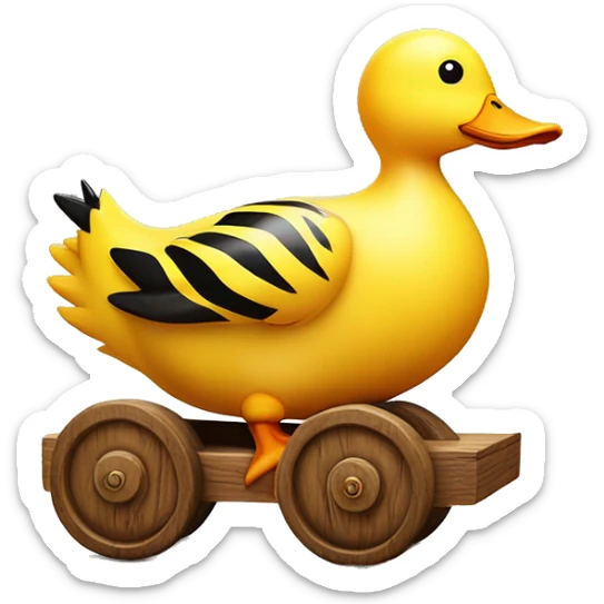 Big Yellow Duck with tiger stripes on wooden wheels like from the book janosh. Point of view from the side 90 degrees sticker