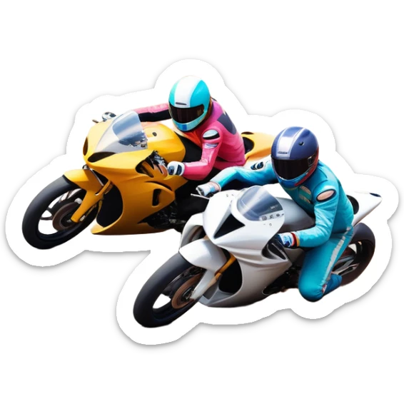 A sleek racing car and motorcycle speeding on a track, leaving a trail of dust behind. The scene captures the thrill of high-speed competition, with blurred motion and vibrant colors, highlighting the dynamic energy of motorsport. sticker