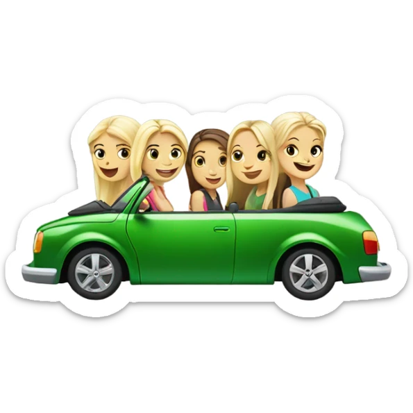 Two Caucasian blonde girls and two Caucasian brunette girls driving a green volkswagen convertible sticker
