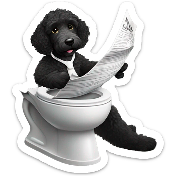 Emoji of a black Labradoodle with white spots on its chin and chest, sitting on a toilet, holding a newspaper in its front paws, looking relaxed and playful sticker