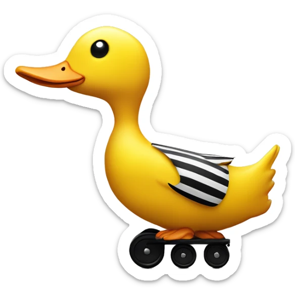 Big Yellow Duck with vertical black stripes on wooden wheels like from the book janosh. Point of view from the side 90 degrees sticker