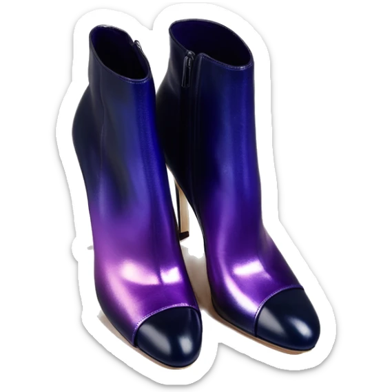Real isolated top view of a pair of metallic dark navy to dark purple ombre Jimmy Choo stiletto peep toe ankle bootie boots.  sticker
