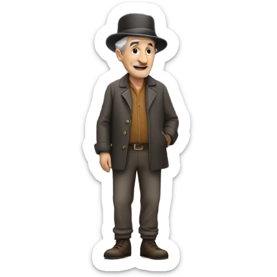 Generate and older jewish man with grey short hair, add a hat and he must be standing on a hill where a castle is and looks down the hill on circus thats bellow the hil sticker