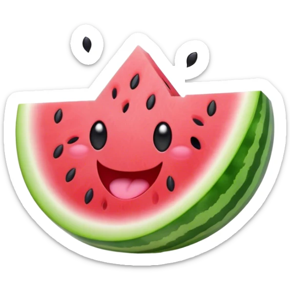 Cute Kawaii Watermelon Slice, juicy and vibrant, soft pastel green rind with pink flesh, tiny black seeds shaped like hearts, an adorable happy face with cute round eyes, bursting with summer energy! sticker
