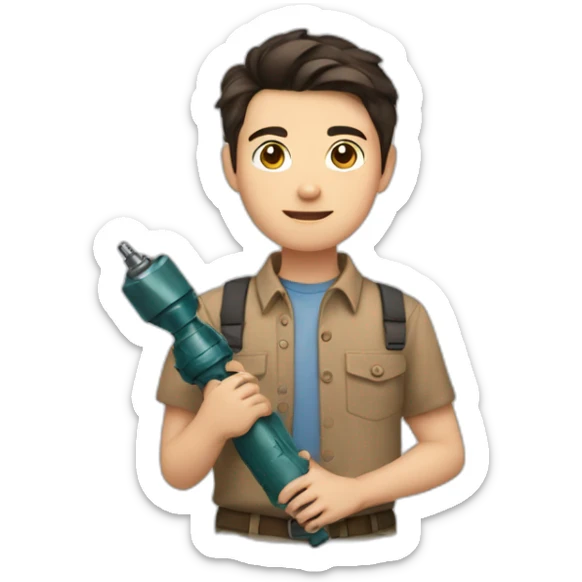 short dark hair white young boy in brown button up shirt with a tshirt under holding a drill sticker