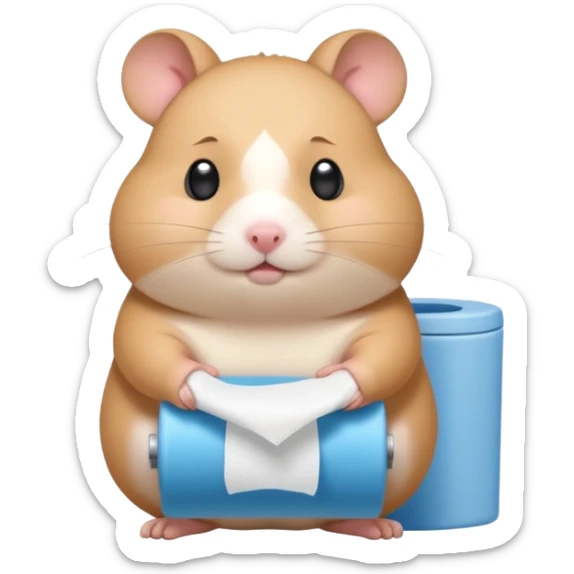 Cute chubby cartoon-style hamster sitting on toilet holding toilet paper looking as if he had an accident, sticker-style illustration sticker