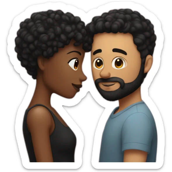 White man with a short  black hair cut fade and a black beard kissing a black woman with long brown curly hair sticker