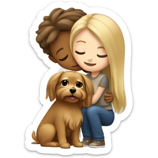 A blonde girl hugging a small Yorkshire dog with brown long hair  sticker