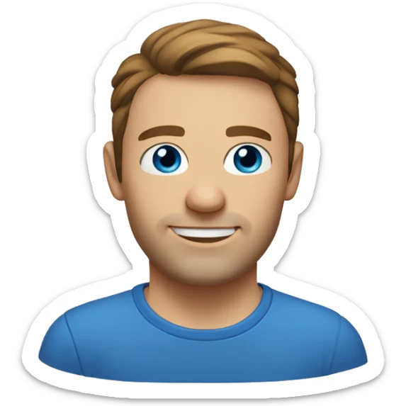 A head and shoulders shot of a 34 year old Caucasian man, with short brown hair,   with blue eyes wearing a t-shirt. sticker