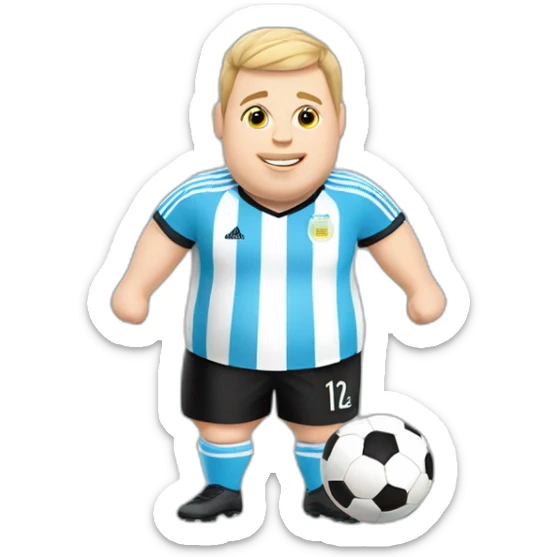 Short hair, obese white man play soccer. argentina uniform. Thumbs up  sticker