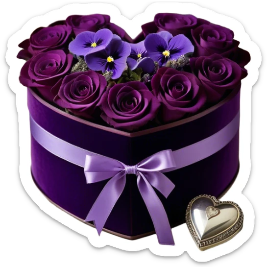 A vintage-inspired heart-shaped velvet box, wrapped with a rich plum silk ribbon, rests beside a delicate arrangement of soft purple roses, lavender sprigs, and dark amethyst pansies. Under the moonlight, tiny silver stars glimmer on the box’s lid, reflecting the romantic glow of an ornate candlestick standing nearby. sticker