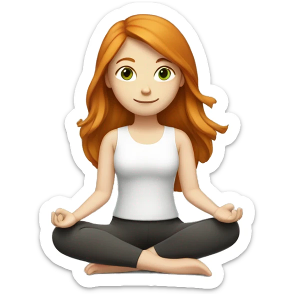 ginger girl, straight hair, middle length, green / brown eyes, doing yoga, with a book sticker