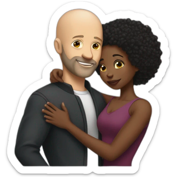 a hug from a black woman in a tight dress to a white man with no hair and a beard sticker