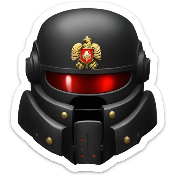 Black Space Marine helmet with red lenses, featuring the Russian coat of arms. sticker